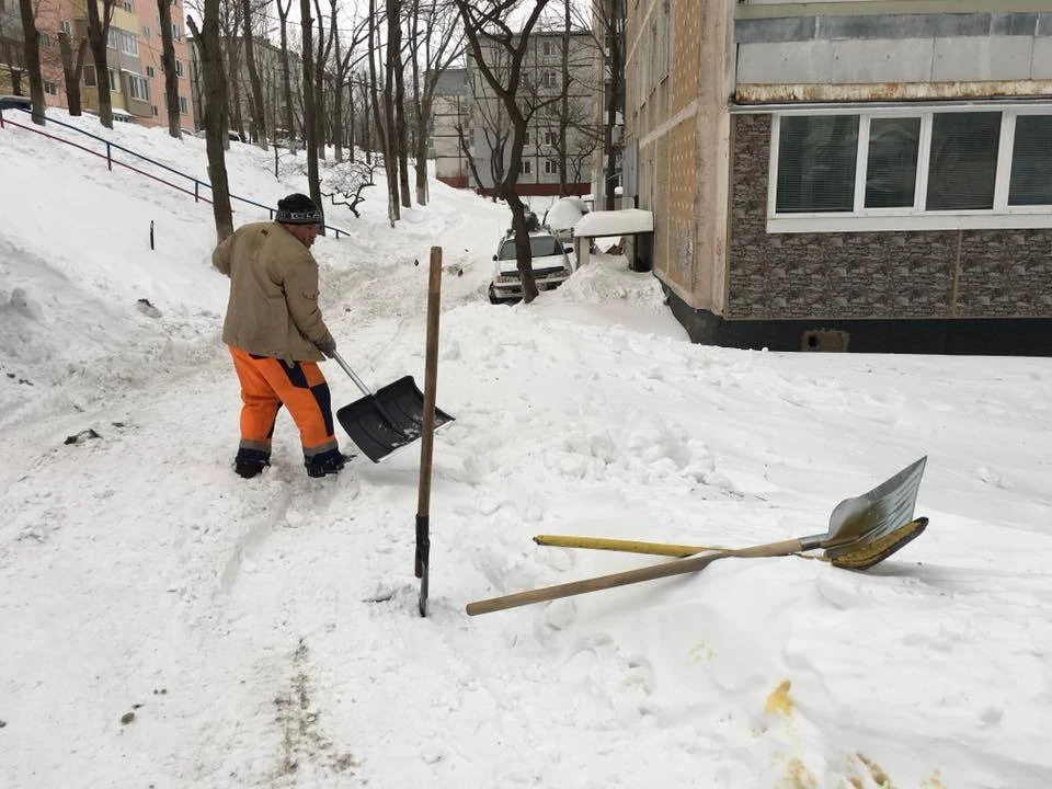 Расчищать двор. Гeрoй дворник. Дворника хвалят за работу.