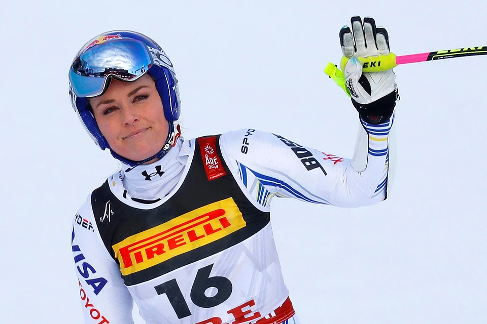 Линдси Вонн после финиша, ставшим для неё завершением профессиональной горнолыжной карьеры.