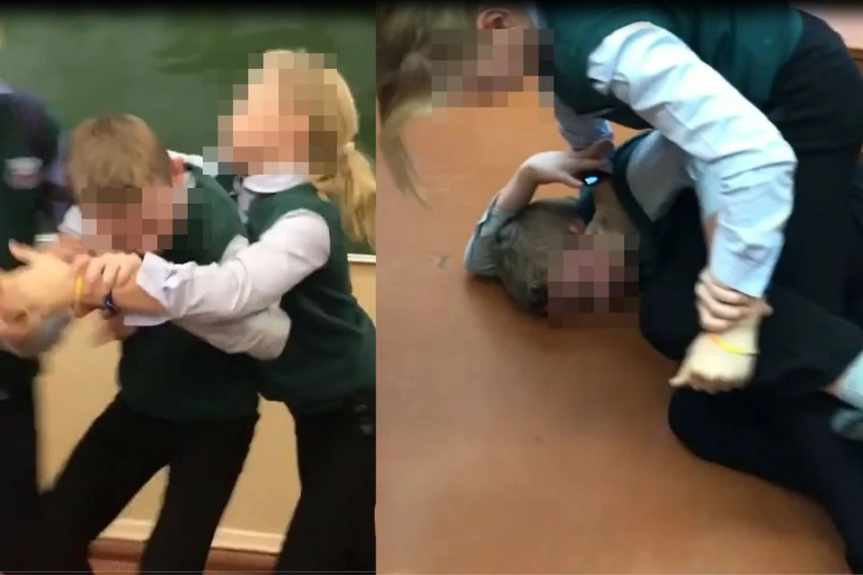 Девочка повалила одноклассника на пол. Фото: скриншот из видео.