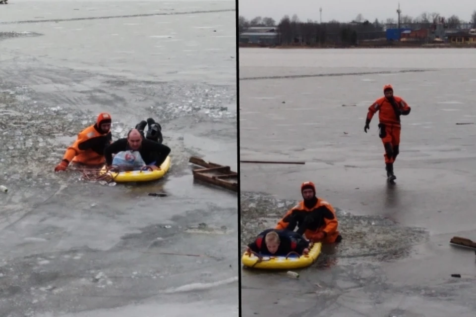Продрогшие до костей мужчина и мальчик дожидались спасателей на пантоне в окружении хрупкого льда. Фото: 47.mchs.gov.ru