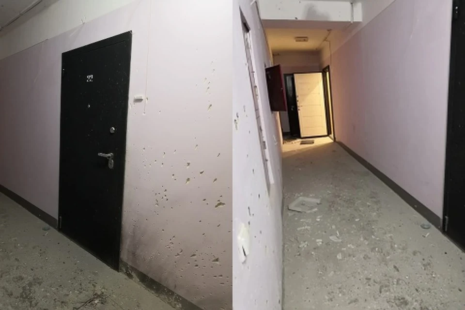 После взрыва гранаты в подъезде валяются осколки, а на стенах остались отметины