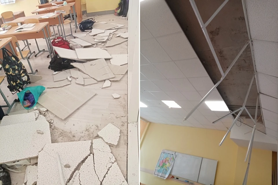 Потолок рухнул на головы школьников во время урока. Фото: vk.com/spb_today