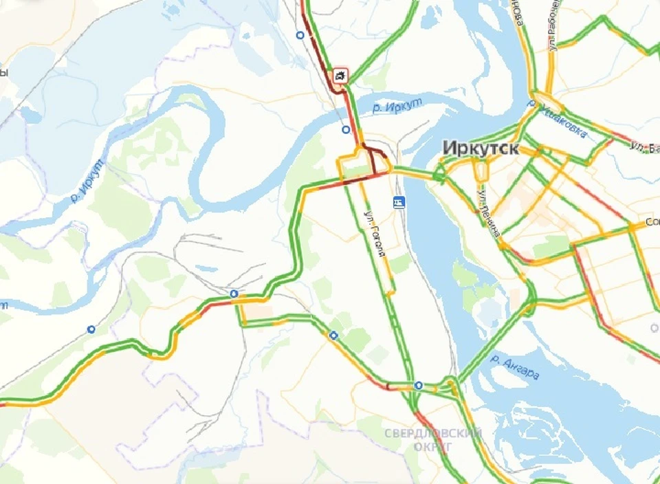Восьмибалльные пробки образовались в Иркутске 6 апреля утром. Фото: Яндекс.Пробки