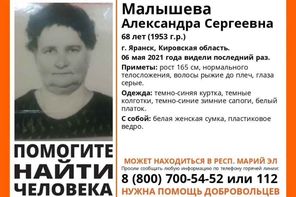 Любую информацию о женщине волонтеры просят сообщать по телефонам: 8 (800) 700-54-52 или 112. Фото: vk.com/lizaalert_kirov
