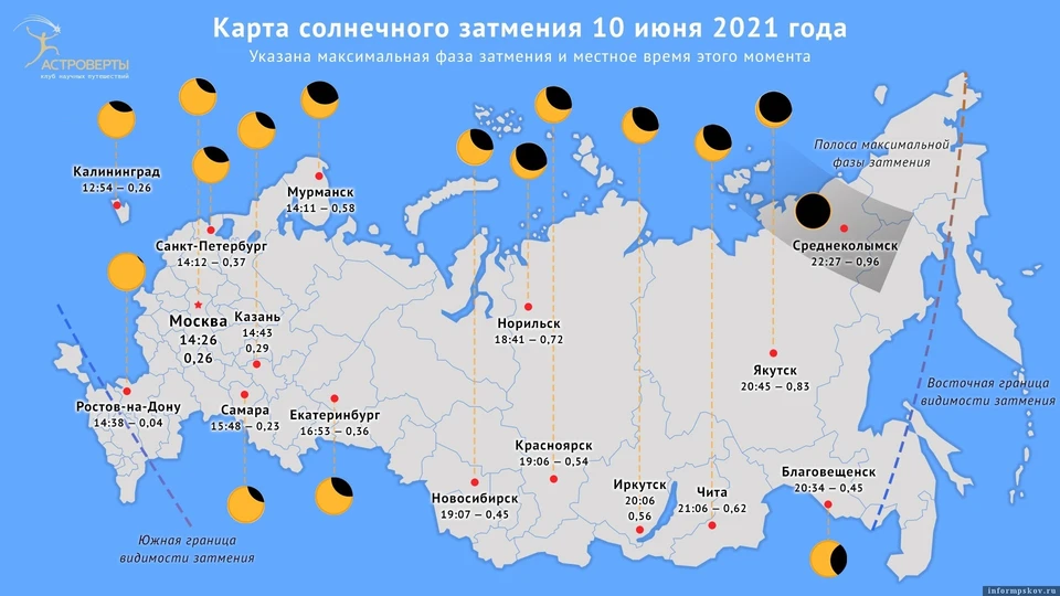 Условия видимости затмения в отдельных городах России