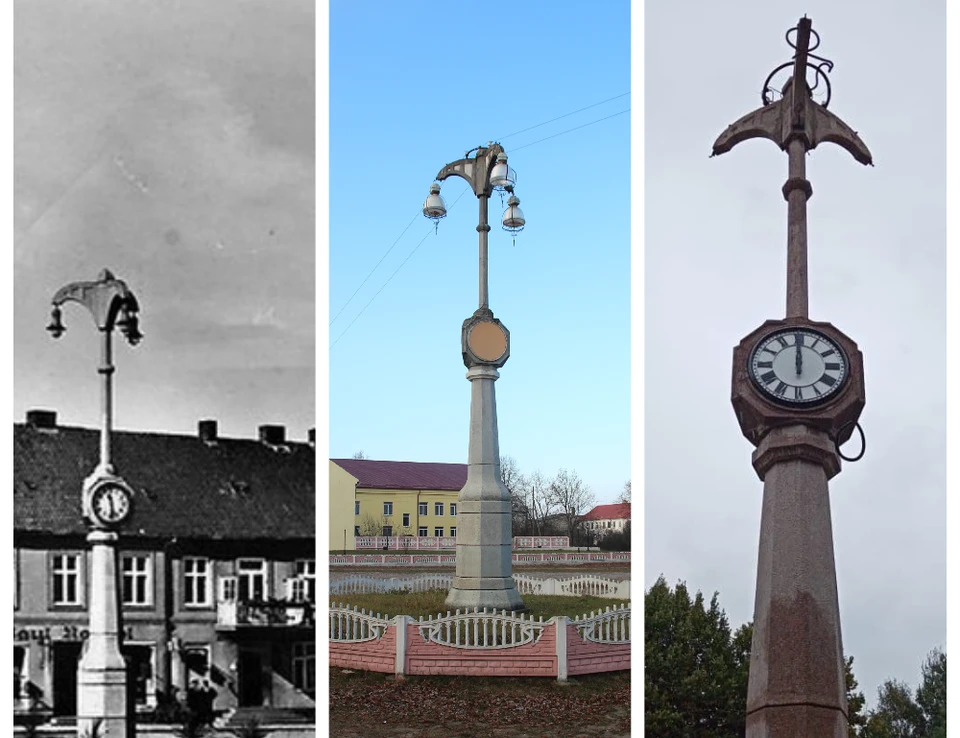 Фонарный столб с часами в 1930-е, 2015 году и сейчас (плафоны еще обещают довесить)