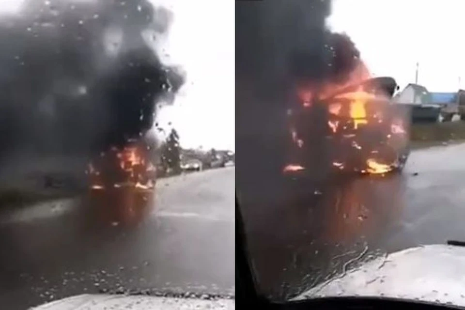 В Новосибирской области прямо на дороге сгорел грузовик. Фото: Кадр из видео