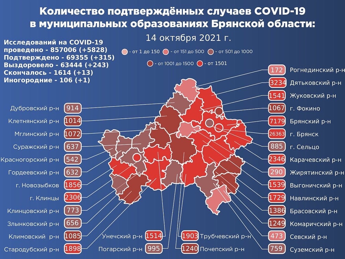 Карта распространения коронавируса в Брянской области на 14 октября 2021  года - KP.RU