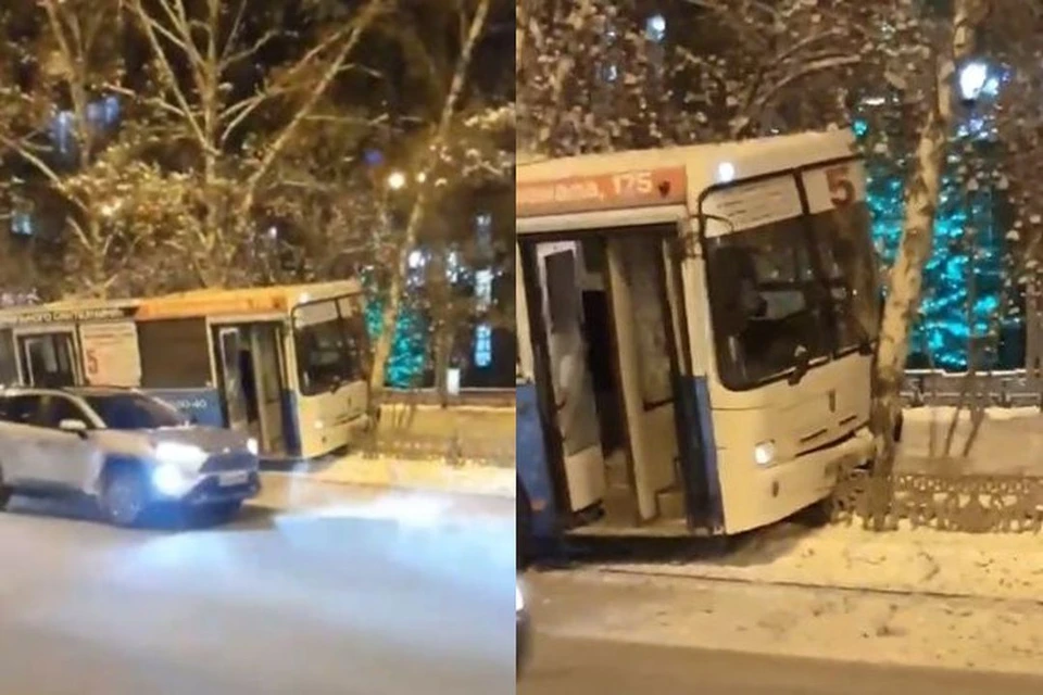 Автобус врезался в дерево на Красном проспекте. Фото: Кадр из видео