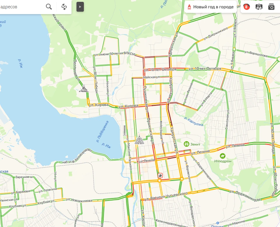 К 18:00 в городе прогнозируются 10-балльные пробки. Фото: Яндекс.Карты