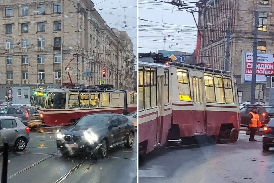 Трамвай сошел с рельсов на Светлановской площади. Фото: "Мегаполис".