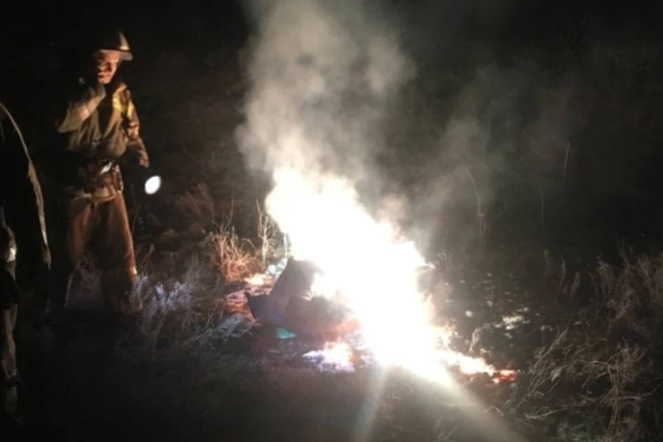 Пожарные ДНР обнаружили горящие обломки ракеты. Фото: МЧС ДНР