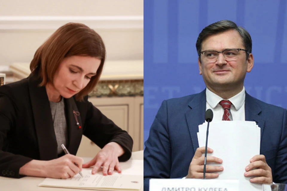 Президент Молдовы Майя Санду, подписывающая заявление на вступление в ЕС (слева) и глава МИД Украины Дмитрий Кулеба, который критикует это решение (справа).