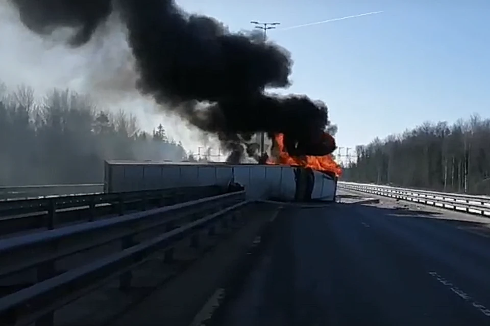 Фура перевернулась и сгорела на трассе М-11. Фото: vk.com/spb_today