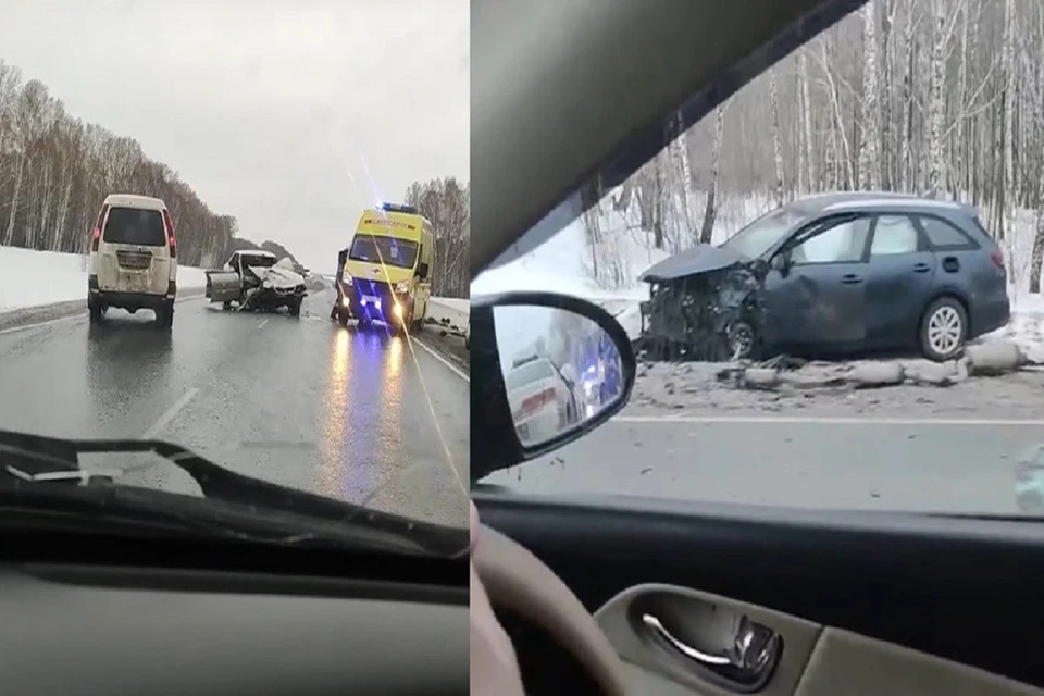 Две иномарки покорежило в жестком столкновении на трассе под Новосибирском. Фото: стоп-кадр.