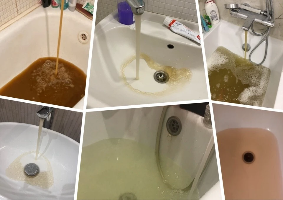 В апреле челябинцы массово стали жаловаться на цвет воды изпод крана. Фото: читатель КП, Типичный Челябинск/vk.com, Пусть Котова знает!/vk.com. ЖК Ньютон/vk.com