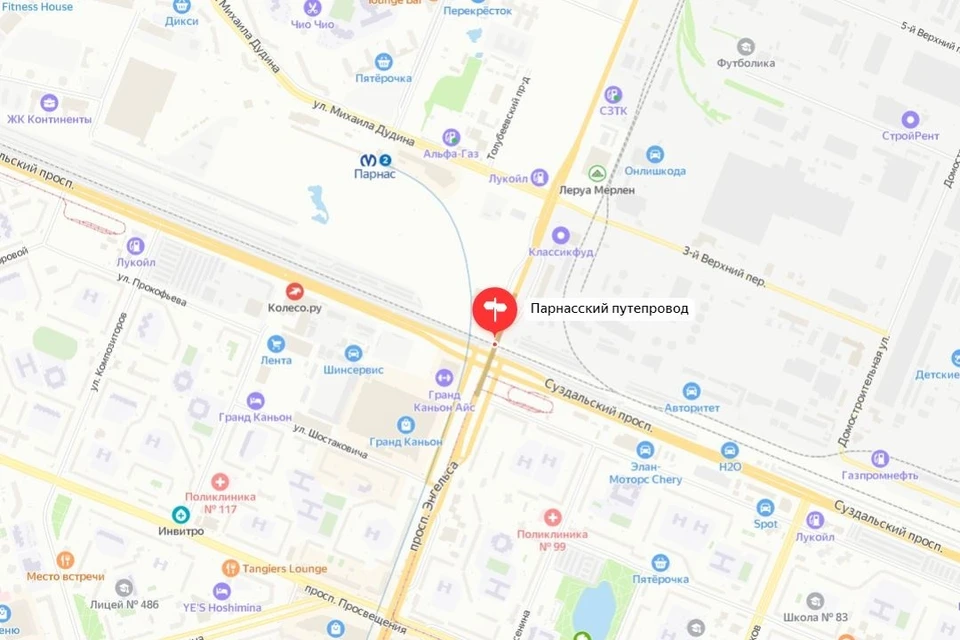 Движение по Парнасскому путепроводу ограничат из-за ремонта. Фото: Яндекс.Карты.