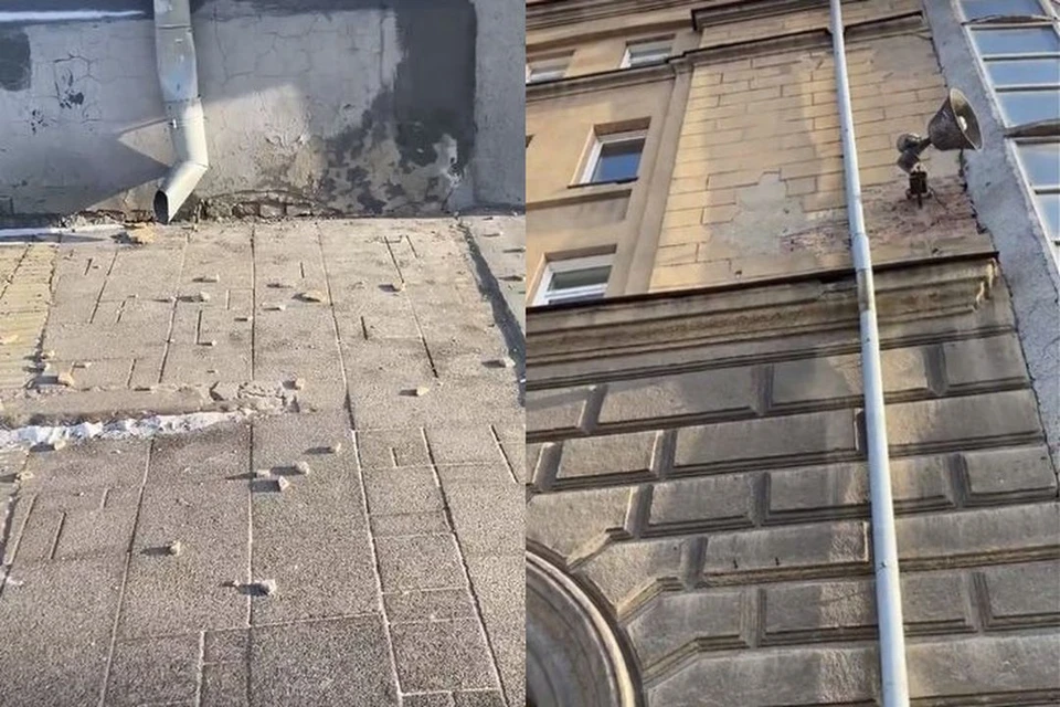 На мужчину едва не свалился кусок от здания. Фото: Кадр из видео\предоставлено героем материала