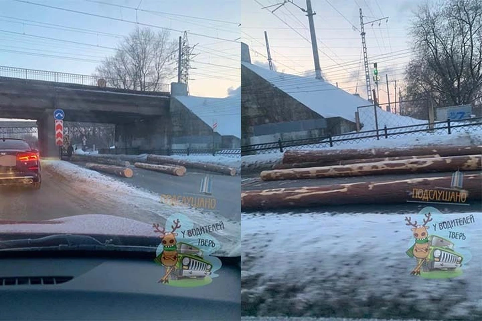 Из лесовоза бревна выпали на дорогу Фото: vk.com/podslyshano_y_voditelei69/Андрей Казарин