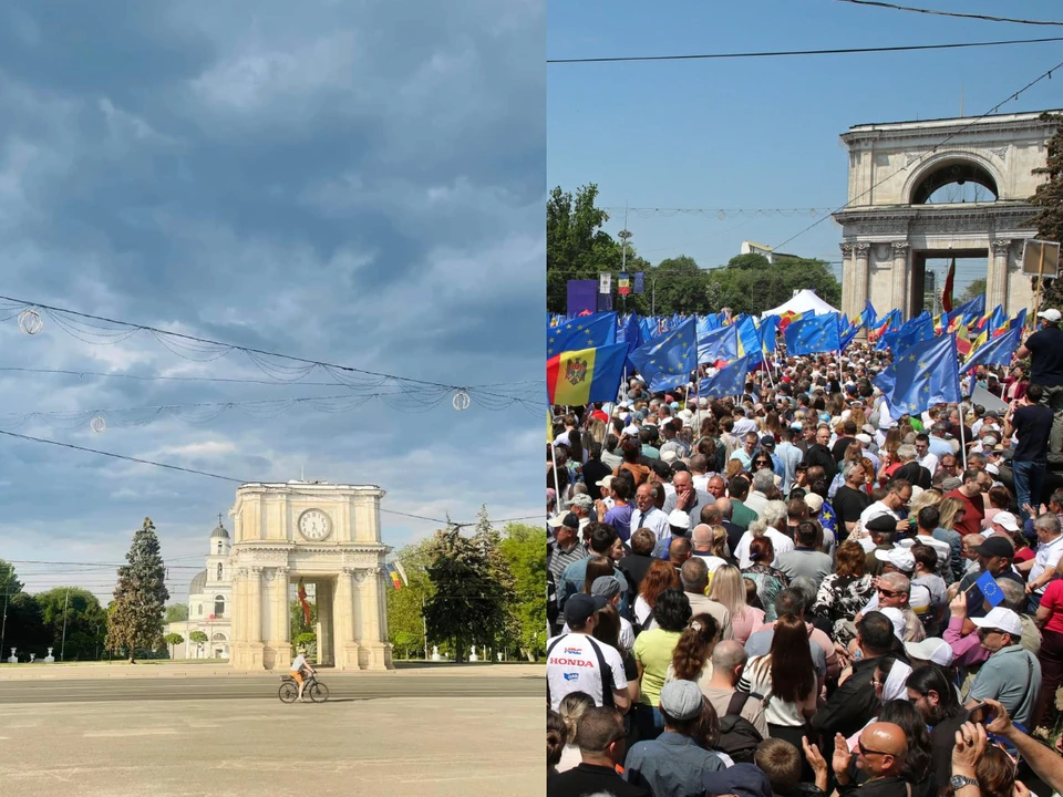 Площадь Великого национального собрания в Кишиневе: 1 июня (слева) и 21 мая (справа).