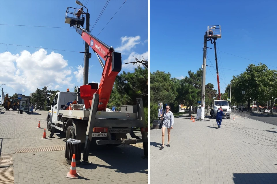 Аварийная бригада оперативно устранила обрыв наружного освещения. Фото: ТК Департамент городского хозяйства Севастополя