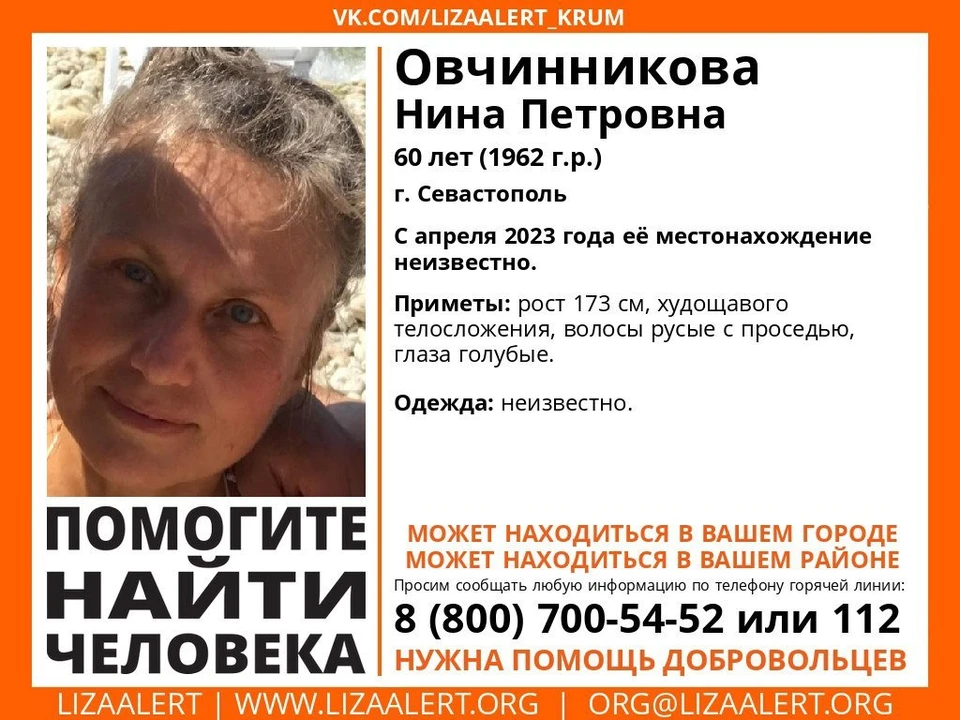 Нину Овчинникову разыскивают с апреля. Баннер: «Лиза Алерт»