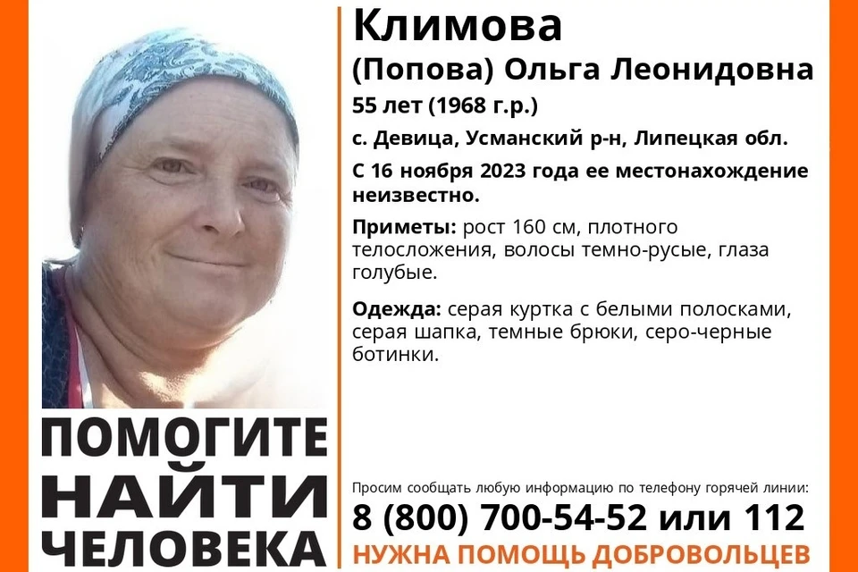 В селе под Липецком пропала 55-летняя женщина в серой куртке