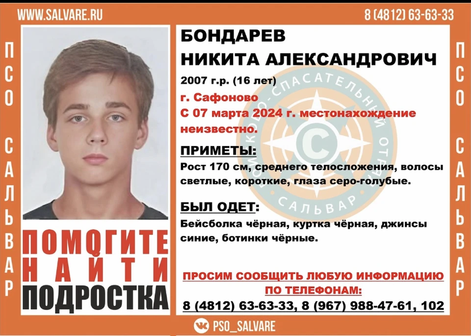 16-летний подросток пропал в Сафоново Фото: ПСО "Сальвар" г.Смоленск