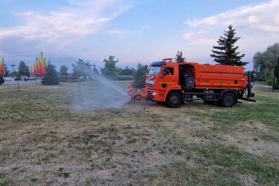 На Стрелке в Ярославле спасают от жары газоны.