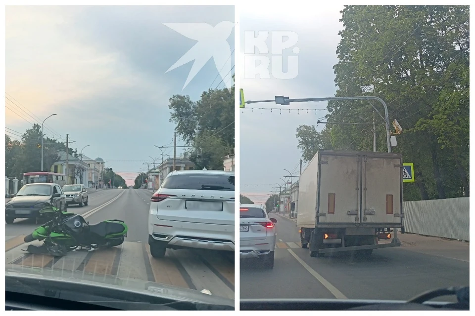 Мотоцикл с серьезными повреждениями лежал посреди дороги, рядом на "аварийке" стоял грузовик.