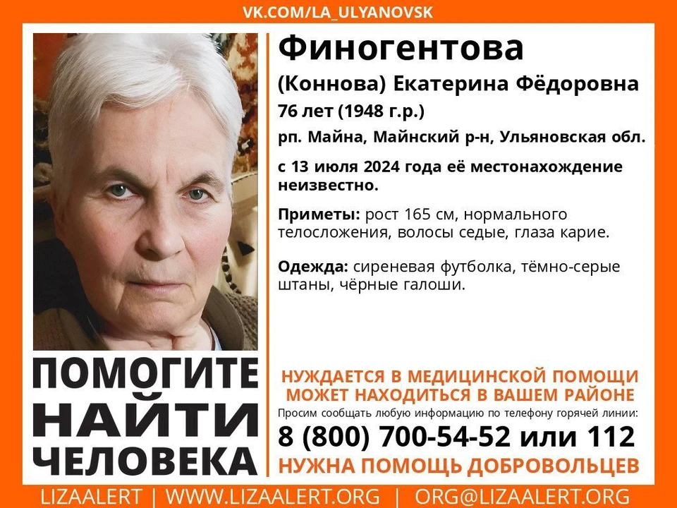 13 июля в Майнском районе пропала пожилая местная жительница. Фото "Лиза Алерт"