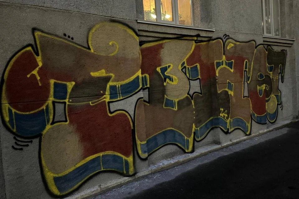 Вандалы нарисовали граффити на фасаде Дома текстилей в Петербурге. Фото: КГИОП