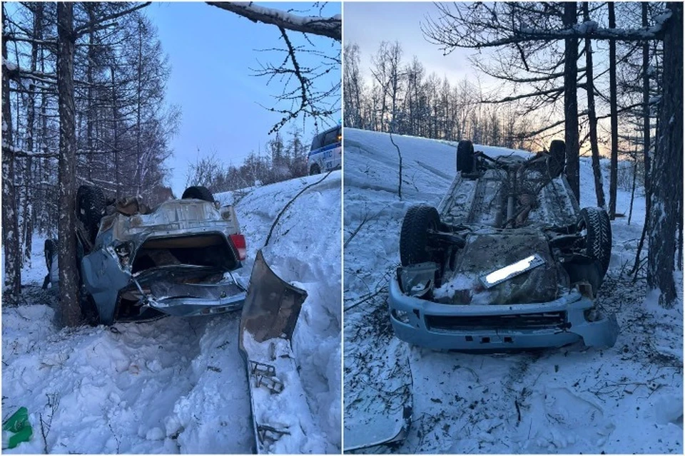 Сел пьяным за руль: в Якутии автомобиль съехал в кювет и перевернулся. Фото: Управление Госавтоинспекции МВД по Республике Саха (Якутия)