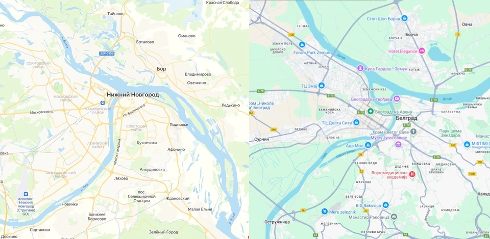 Сходства между Нижним Новгородом и Белградом нашли в социальных сетях. Фото: Яндекс.Карты и Google Карты.