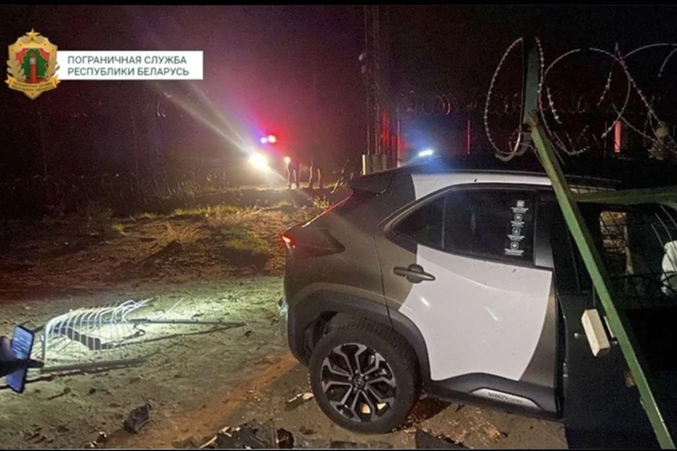 Пьяный литовец на авто протаранил пограничный забор, нарушив белорусскую границу. Фото: скриншот с видео Госпогранкомитета Беларуси