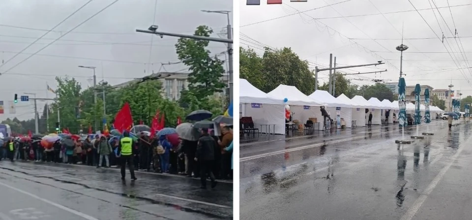 Площадь безлюдная - там День Европы у ПАС, прилегающие улицы заполнены народом - это День Победы. Фото: Коллаж "КП"