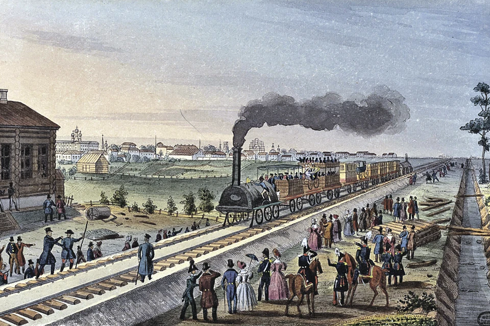 Первая в нашей стране железная дорога - Царскосельская - открылась в 1837 году. Лишь немногим позже, чем в Англии. Но потом темпы строительства железнодорожных магистралей затормозили. Фото: Карл Беггров. Раскрашенная литография. 1837 год