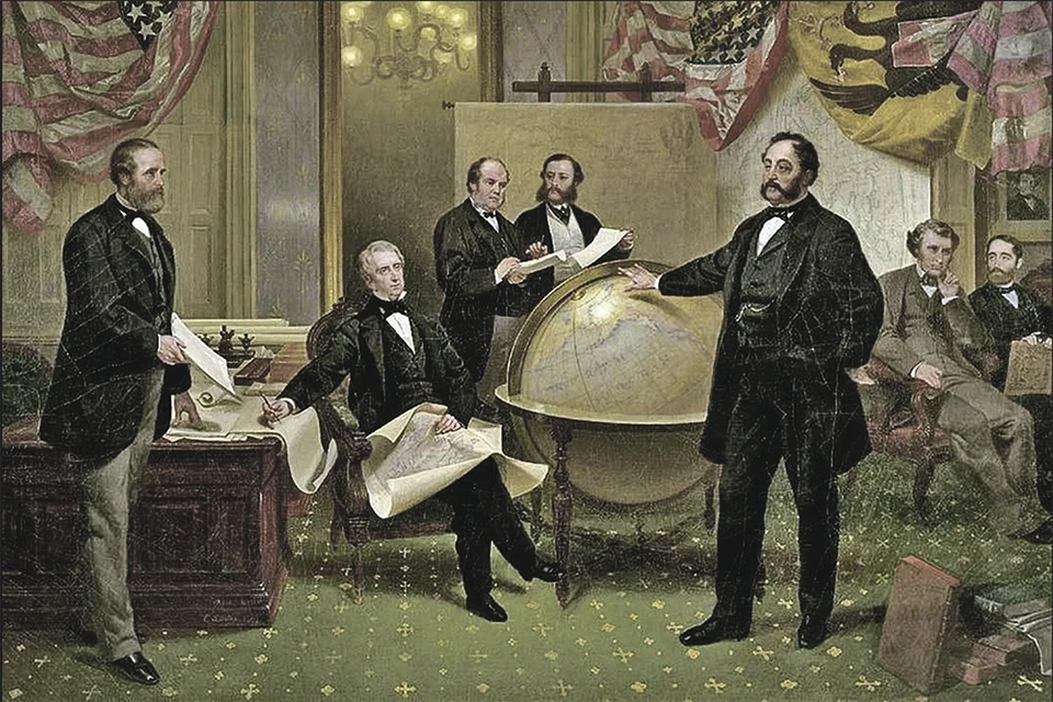 Подписание договора о продаже Аляски 30 марта 1867 года в Америке. У глобуса стоит российский дипломат Эдуард Стекль. Фото: wikimedia.org
