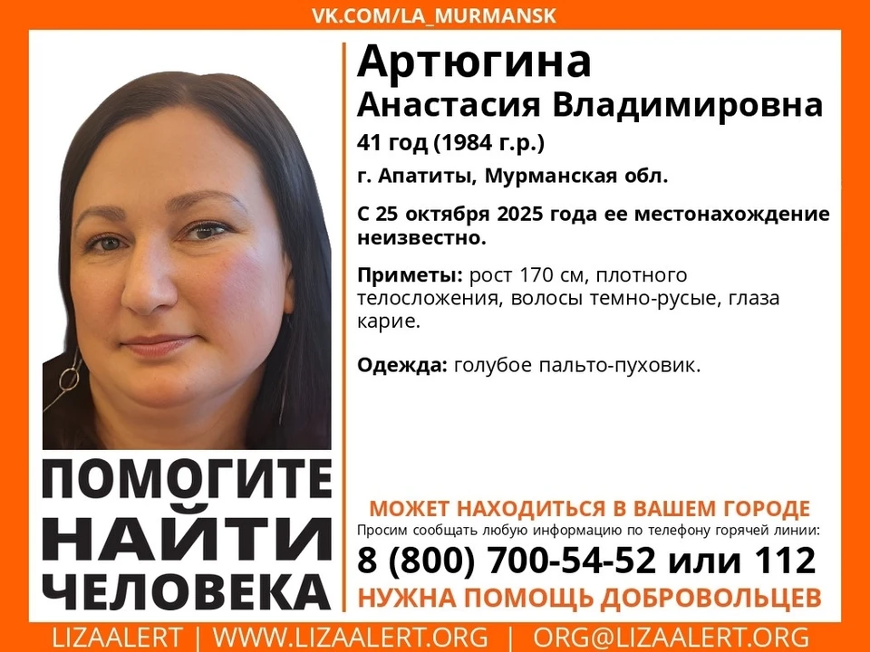 Тех, кто обладает информацией о пропавшей, просят обратиться в полицию: 02 или 102 либо к волонтерам ПСО «ЛизаАлерт» Мурманской области: 8 800 700 54 52. Фото: Поисковый отряд "ЛизаАлерт" Мурманской области / vk.com/la_murmansk