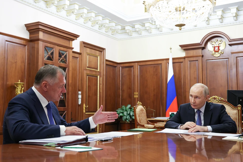 Вице-премьер РФ Марат Хуснуллин и президент РФ Владимир Путин во время встречи в Кремле. Фото: Гавриил Григоров/пресс-служба президента РФ/ТАСС