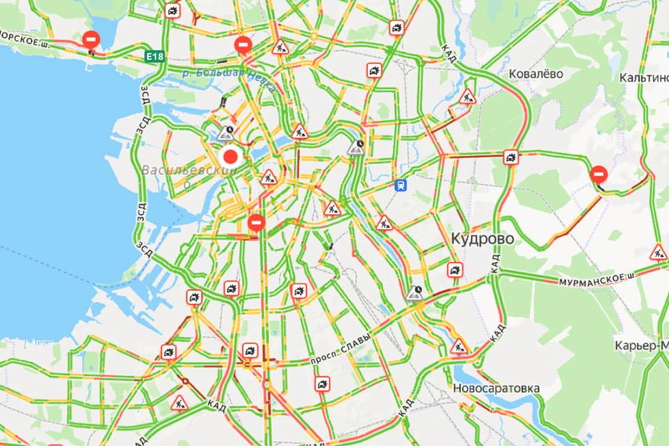 Вечером 20 октября пробки в Петербурге достигли 8 баллов, а самолёты ожидали посадки в Пулково. Фото: «Яндекс.Карты»