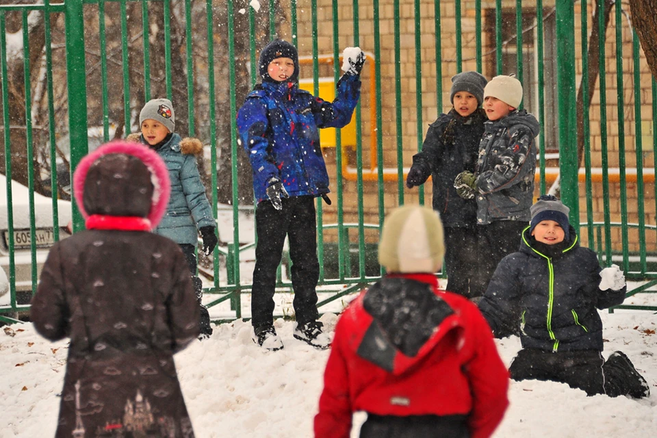Дети играли в снежки на школьном дворе.