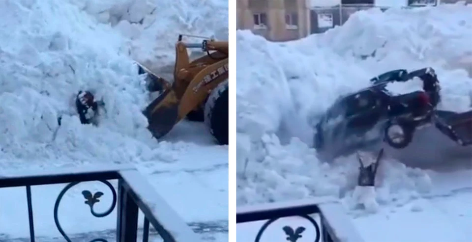 Кадры видеозаписи, сделанной прохожими на Сахалине. Расчищая многометровые сугробы, коммунальщики повредили 23 оказавшиеся внутри них машины... Фото: Кадры из видео